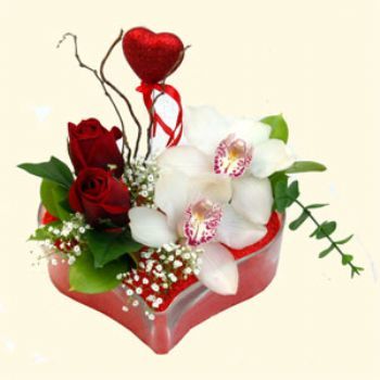  Bursa hediye sevgilime hediye iek  1 kandil orkide 5 adet kirmizi gl mika kalp